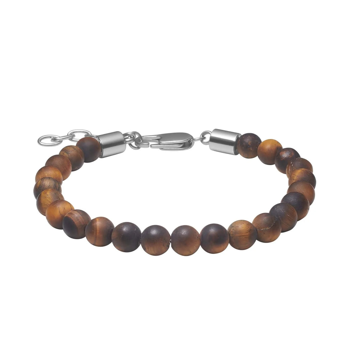 SON armbånd med matte gulbrune tigerøjekugler og rustfri ståldetaljer