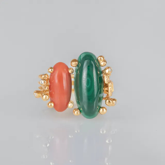 Boho dobbelt ring, malakit og koral