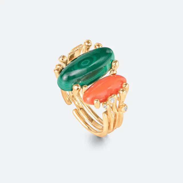 Boho dobbelt ring, malakit og koral