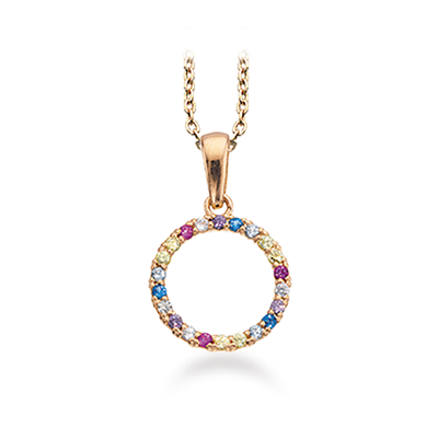 8 kt. guld cirkel halskæde m. farvede zirkonia