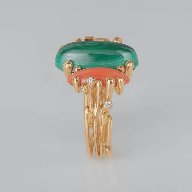 Boho dobbelt ring, malakit og koral